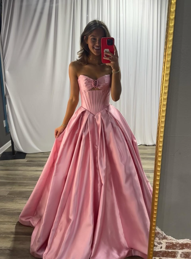 Pink Princess A Line Sweetheart Neck Satin Long Prom Dress Evening Dress SH6059