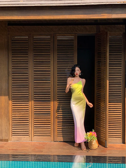 slim fit dress slacks Pink Green Ombre Sheath One Shoulder Satin Long Prom Dress Evening Dre –  shinydress