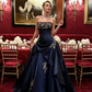 Vintage Navy Blue Exquisite Floral Long Satin Ball Gown Evening Dress Prom Dress SH4823