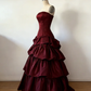 Vintage Simple Ball Gown Strapless Burgundy Layered Satin Long Prom Dress Party Dress SH5537