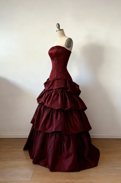 Vintage Simple Ball Gown Strapless Burgundy Layered Satin Long Prom Dress Party Dress SH5537