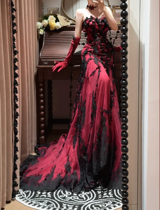 Sexy Burgundy Mermaid Spaghetti Strap Black Lace Tulle Long Prom Dresses SH4633