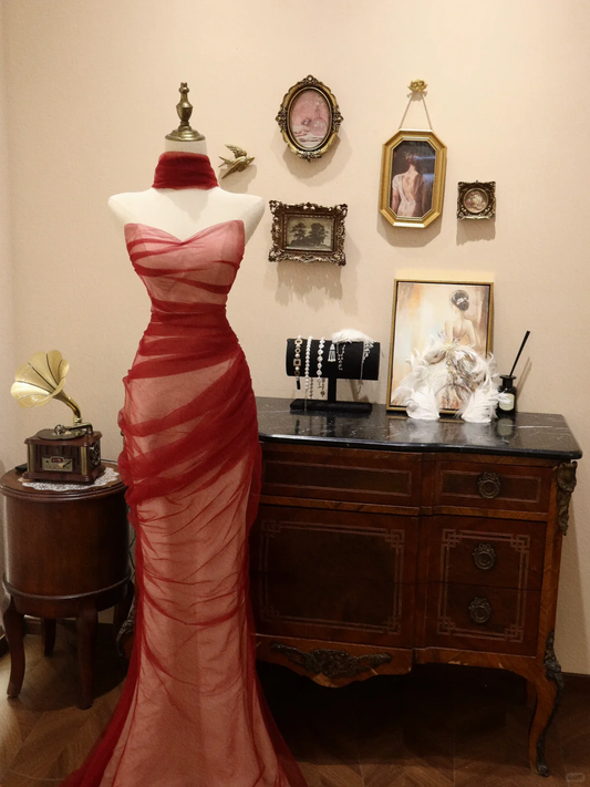 Sexy Mermaid Strapless Burgundy Tulle Satin Long Prom Dress Evening Dress SH3671
