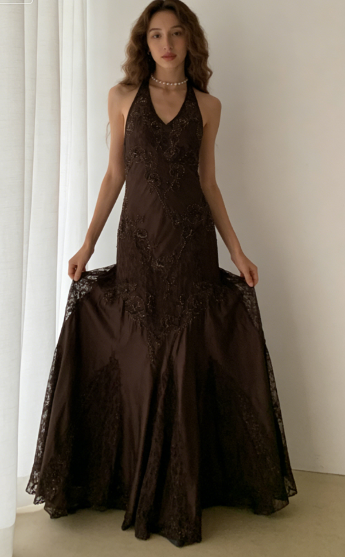 Vintage Mermaid Sleeveless Halter Brown Long Prom Dress SH1378