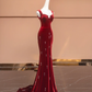 Burgundy Mermaid Straps Beaded Velvet Long Prom Dress Party Dress SH4370
