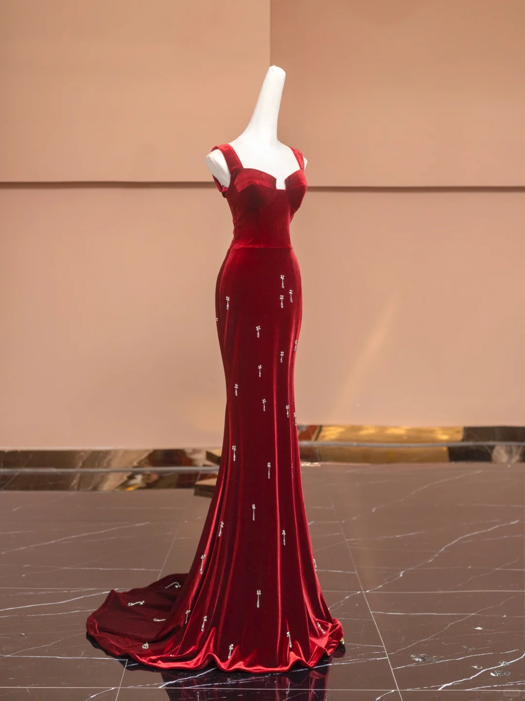 Burgundy Mermaid Straps Beaded Velvet Long Prom Dress Party Dress SH4370