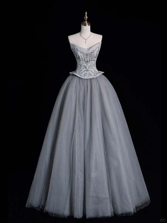 New Grey A Line Sweetheart Neck Beaded Satin Tulle Evening Dresses Party Dresses SH2672