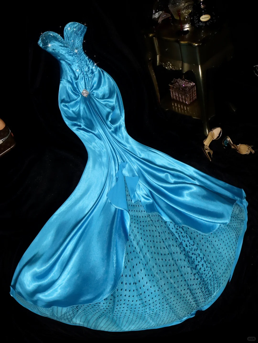 Stunning Mermaid Sweetheart Neck Beaded Sequin Blue Satin Long Prom Dress Evening Dress SH3157