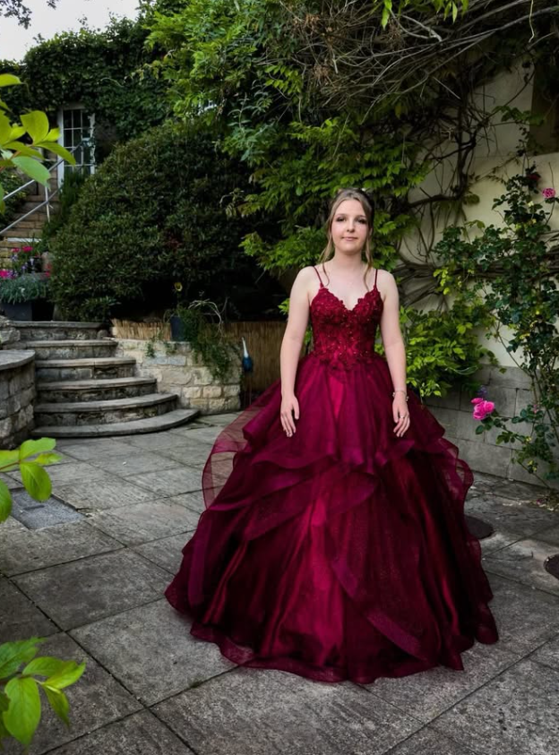 Dark Burgundy A Line Spaghetti Strap Lace Ruffle Tulle Prom Dress Birthday Dress SH9011