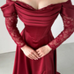 Elegant Burgundy A Line Long Sleeve Lace Satin Prom Dress Wedding Guest Dress SH6012