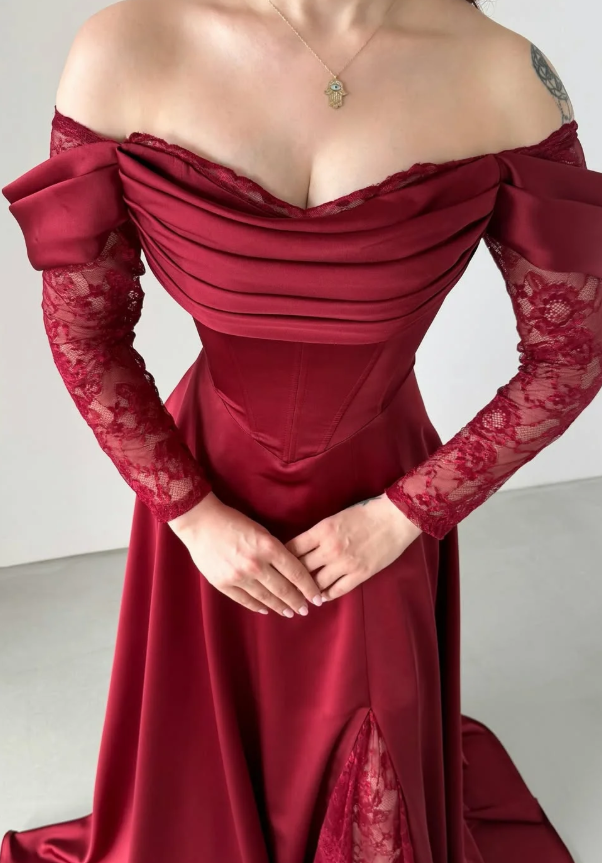 Elegant Burgundy A Line Long Sleeve Lace Satin Prom Dress Wedding Guest Dress SH6012