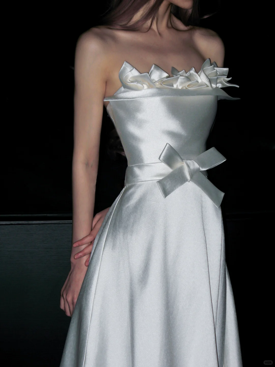 Elegant White Bow A Line Strapless Satin Long Wedding Dress SH4711