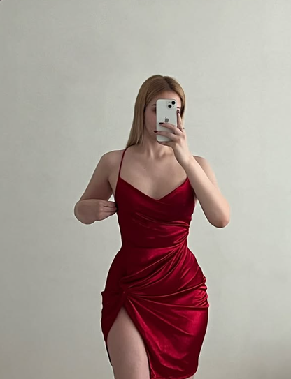 Sexy Burgundy Sheath Spaghetti Strap Satin Slit Short Prom Dress Homecoming Dress SH9078