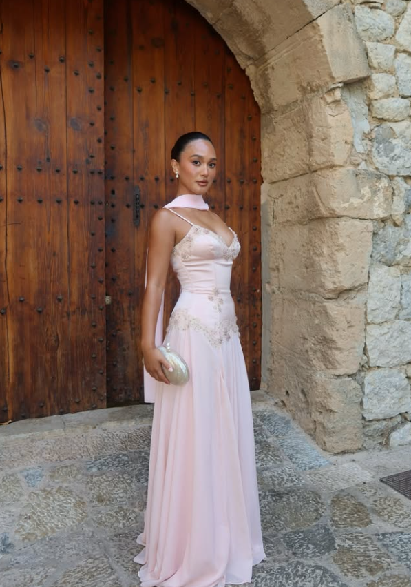 Gentle Light Pink Spaghetti Strap Beaded Chiffon Long Prom Dress Evening Dress SH8971