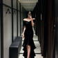 Sexy Mermaid Off the Shoulder Black Ruffle Velvet Long Prom Dress Evening Dress SH5108