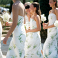 Pretty A Line Strapless Print Floral White Satin Long Bridesmaid Dress SH6307