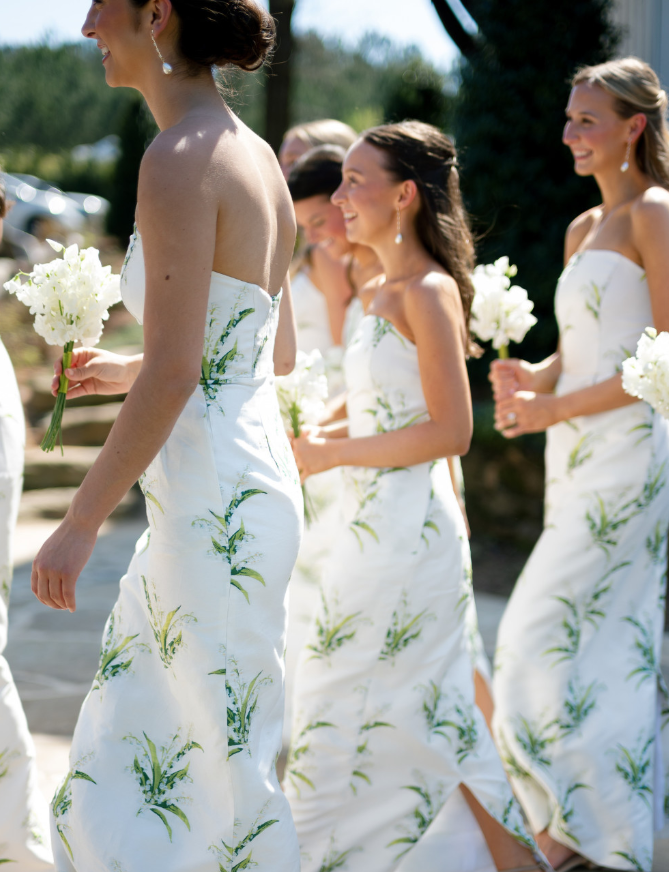 Pretty A Line Strapless Print Floral White Satin Long Bridesmaid Dress SH6307