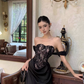 Khaki Elegant Sheath Off the Shoulder Sequin Lace Satin Prom Dress Evening Dress SH3761