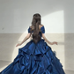 Dark Blue Ball Gown Off the Shoulder Beaded Organza Satin Graduation Ball Gown 18th Birthday Dress SH4986