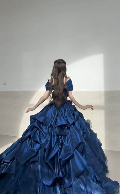 Dark Blue Ball Gown Off the Shoulder Beaded Organza Satin Graduation Ball Gown 18th Birthday Dress SH4986