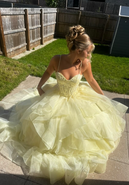Princess Yellow A Line Spaghetti Strap Lace Ruffle Tulle Prom Dress Birthday Dress SH9005