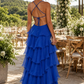 Royal Blue A Line Beaded Layered Organza Prom Dress Evening Dress with Slit SH6354