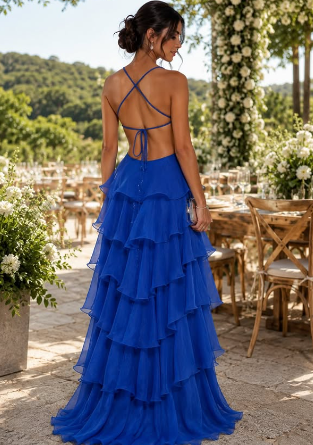 Royal Blue A Line Beaded Layered Organza Prom Dress Evening Dress with Slit SH6354
