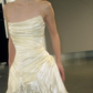 Unique Mermaid Strapless Pleated Ivory Satin Long Wedding Dress SH5097