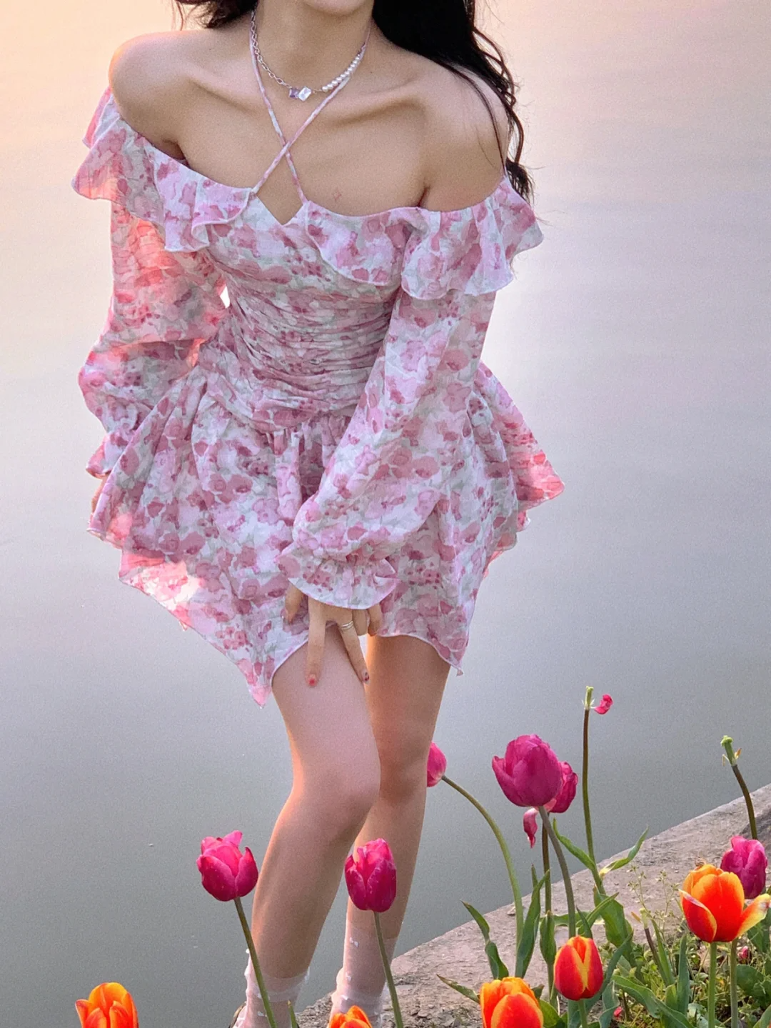 Pink Print Floral A Line Long Sleeve Chiffon Short Homecoming Dress Outfits SH5831
