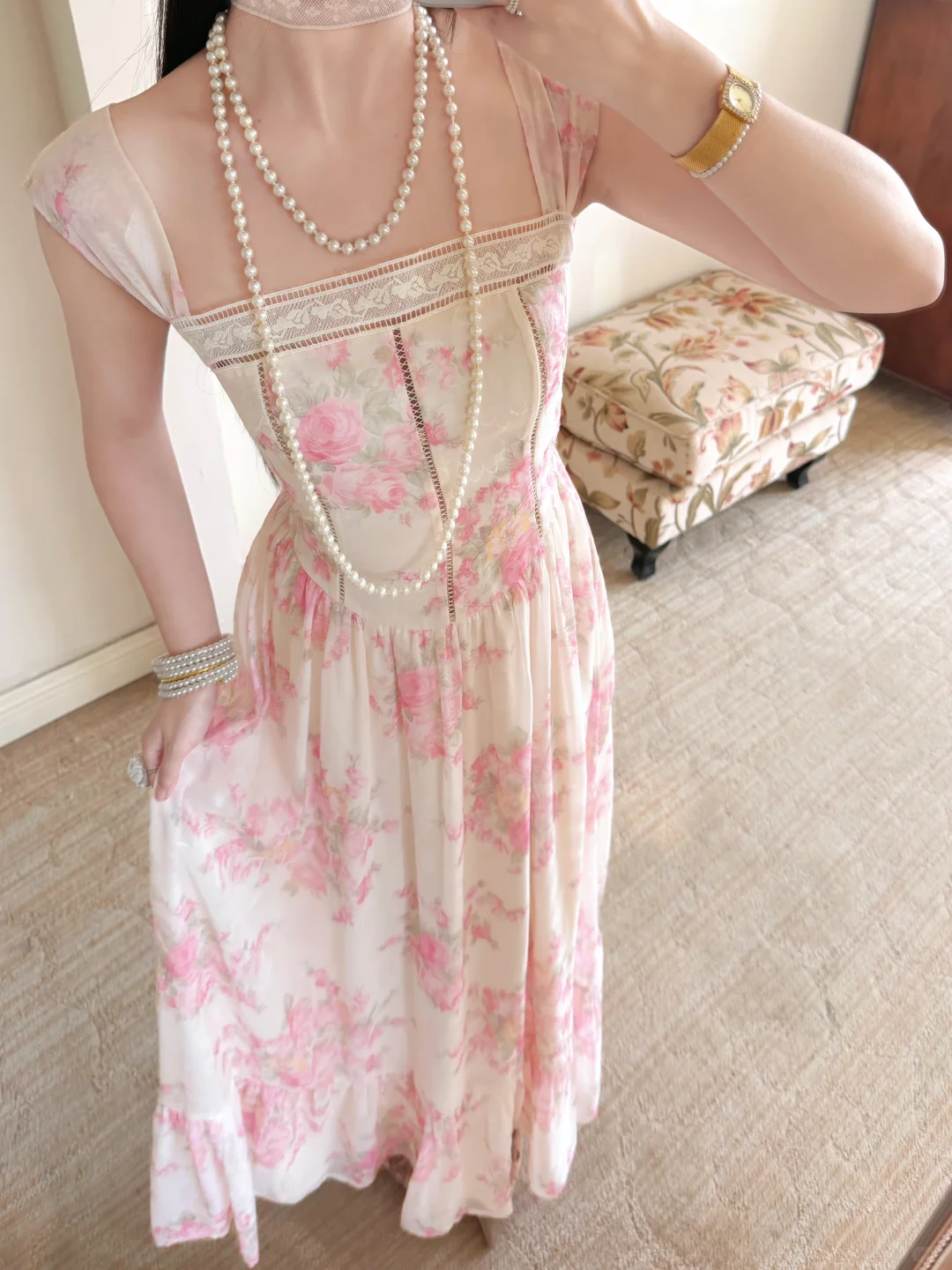 Sweety Pink Print Floral A Line Straps Chiffon Prom Dress Evening Dress SH6766