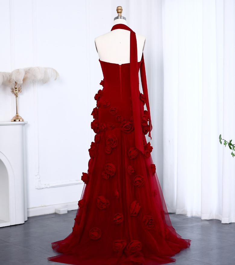 Stunning A Line Sweetheart Neck 3D Flower Burgundy Prom Dress Evening Dress SH2369