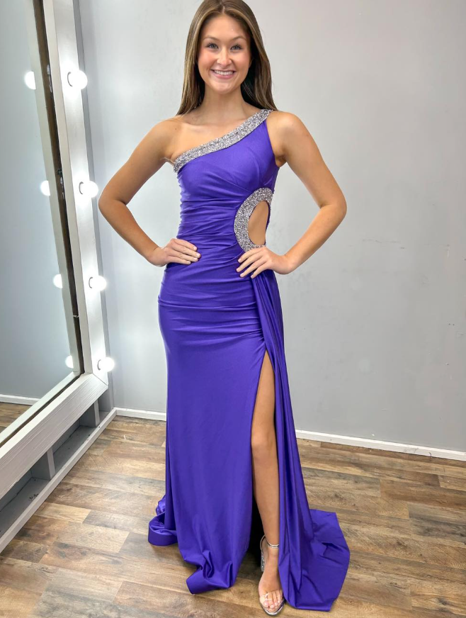 Sexy Purple Mermaid One Shoulder Beaded Satin Slit Long Prom Dress Evening Dress SH6779