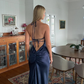 Navy Blue Sheath V Neck Satin Open Back Long Sweep Prom Dress Graduation Prom Dress SH2588