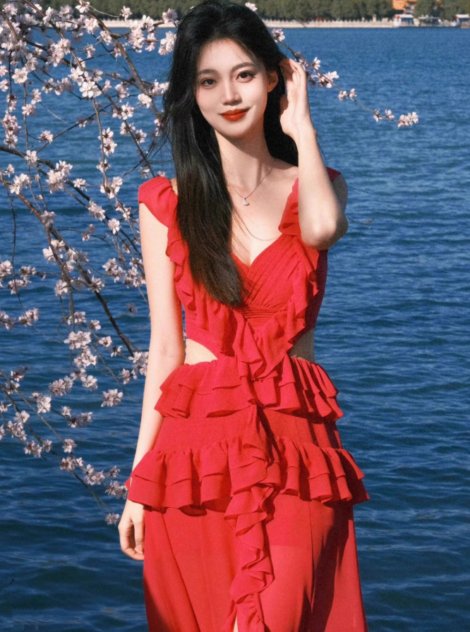 Red A Line V Neck Ruffle Chiffon Long Prom Dress Vacation Dress SH4378