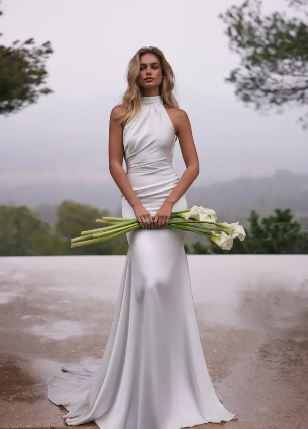 High-class Mermaid Halter White Satin Backless Long Train Wedding Dress SH6993