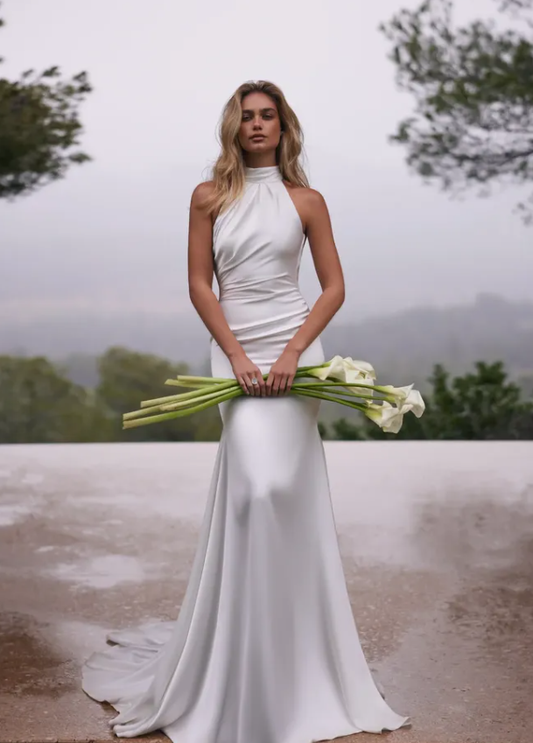 High-class Mermaid Halter White Satin Backless Long Train Wedding Dress SH6993