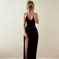 Dark Burgundy Sheath Spaghetti Strap Velvet Backless Long Prom Dress Evening Dress SH6883