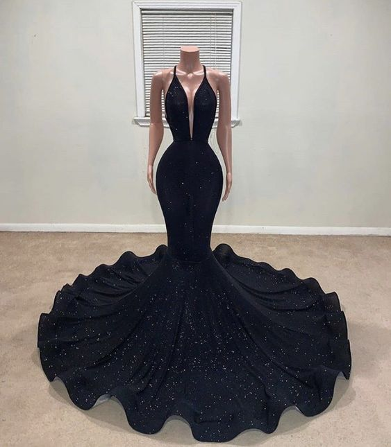 Charming Black Deep V-Neck Mermaid Prom Dresses SH638
