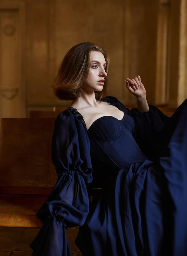 Navy Blue A Line Long Sleeve Chiffon Slit Prom Dress Evening Dress SH6687