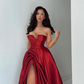 Pretty Burgundy A Line Strapless Satin Prom Dress Evening Dress with Slit SH6120