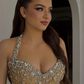 Glamour Sheath Halter Rhinestone Khaki Tulle Long Prom Dress Evening Dress SH6350