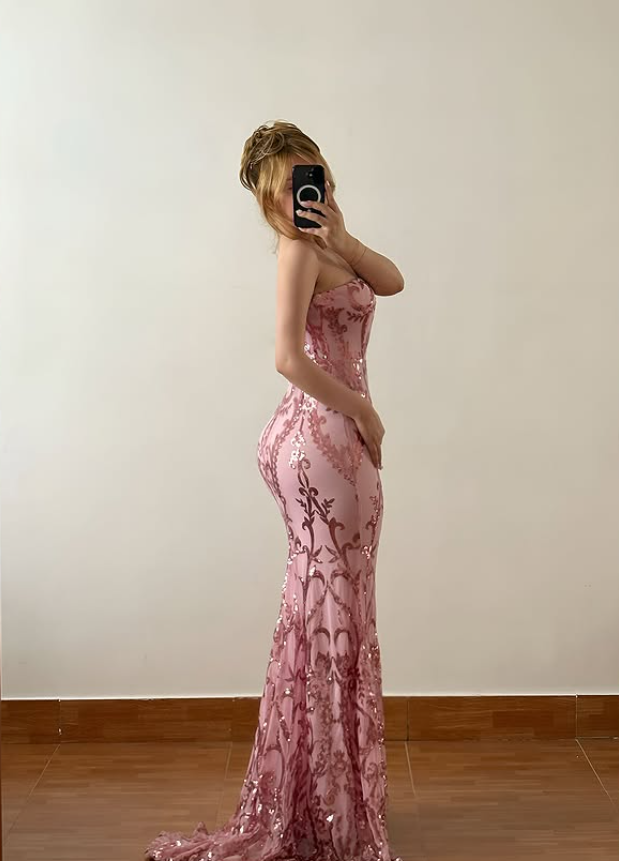 Shiny Pink Sequin Mermaid Strapless Long Train Prom Dress Evening Dress SH6888