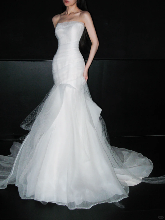 Romantic Classic Mermaid Strapless White Tulle Long Wedding Dress SH6630