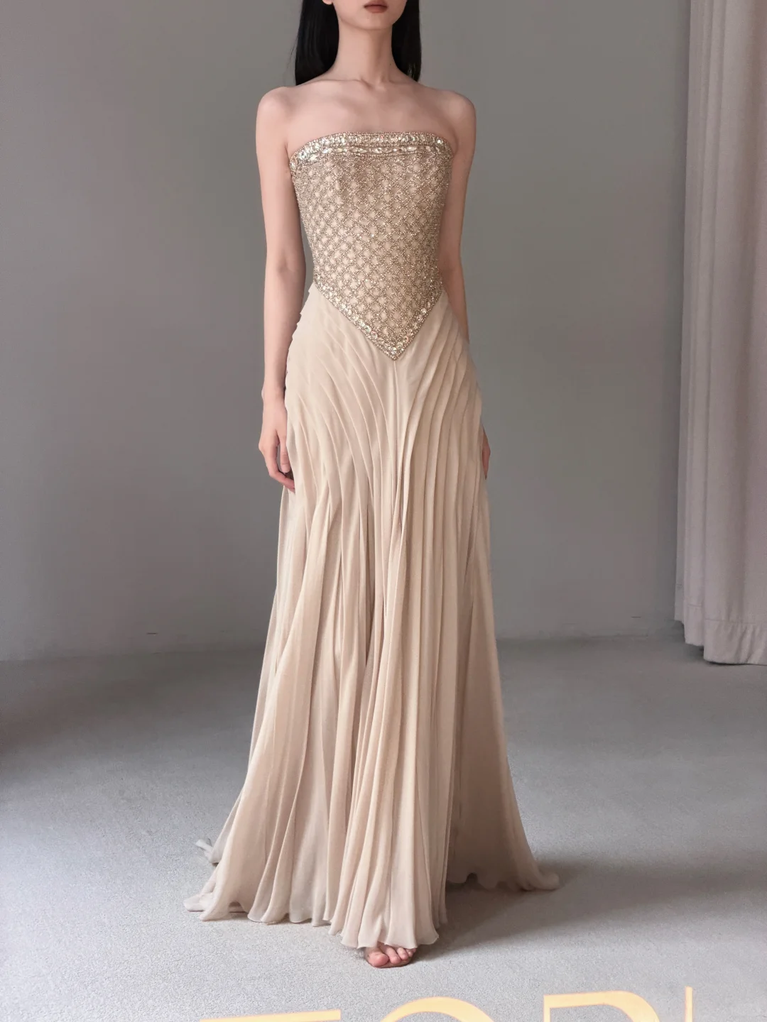 Gentle A Line Strapless Exquisite Beaded Nude Chiffon Prom Dress Evening Dress SH7717