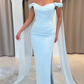 Baby Blue Sheath Off the Shoulder Floral Chiffon Satin Prom Dress SH5546