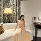 Apricot A Line Spaghetti Strap Sequin Chiffon Long Prom Dress Date Dress SH3695