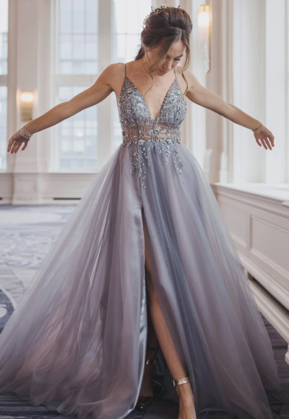 Pink Gentle  Exquisited Beaded Tulle Prom Dress Long Prom Dresses Evening Dress S405