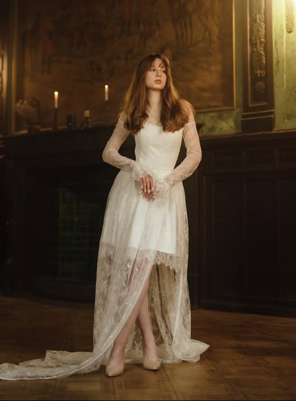 Elegant White A Line Long Sleeve Lace Long Train Prom Dress Evening Dress SH6698