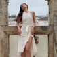 White A Line Halter Satin Open Back Long Wedding Guest Dress Party Dress with Slit SH3312