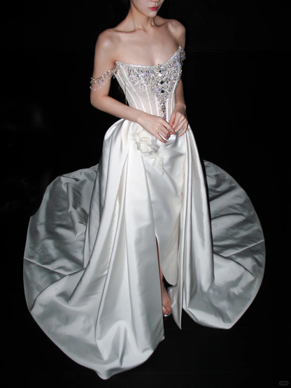 Shiny A Line Straps Rhinestone White Satin Long Wedding Dress with Slit SH8884